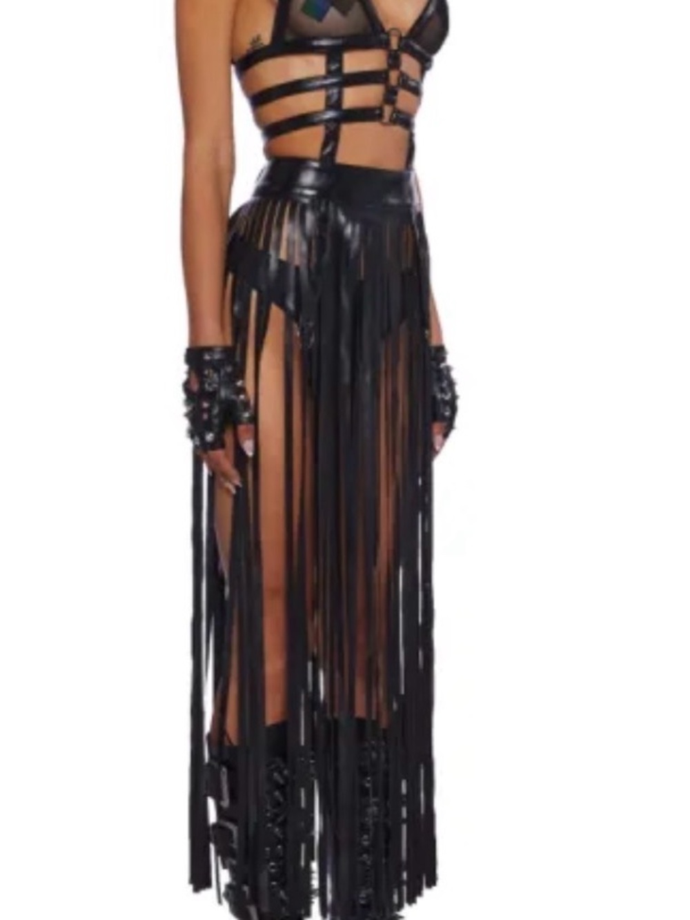 Black Faux Leather Fringe Maxi Dress with Harness Straps - Picture 11 of 13